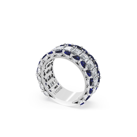 An elegant platinum wedding band from TACORI featuring a wide band set with alternating sapphires and sparkling diamonds.