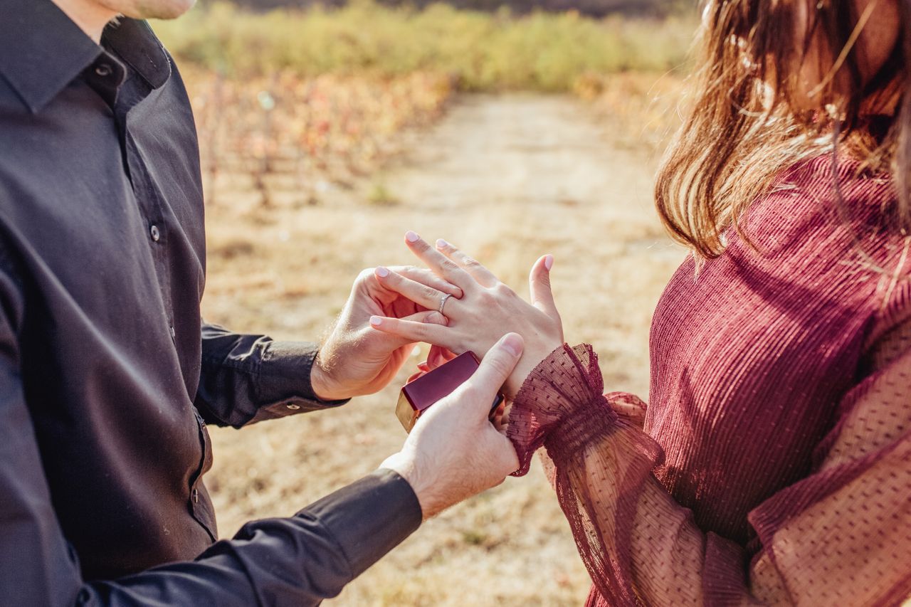 A man in a black shirt places a ring on a woman's finger in a sunlit field, surrounded by blurred foliage.
