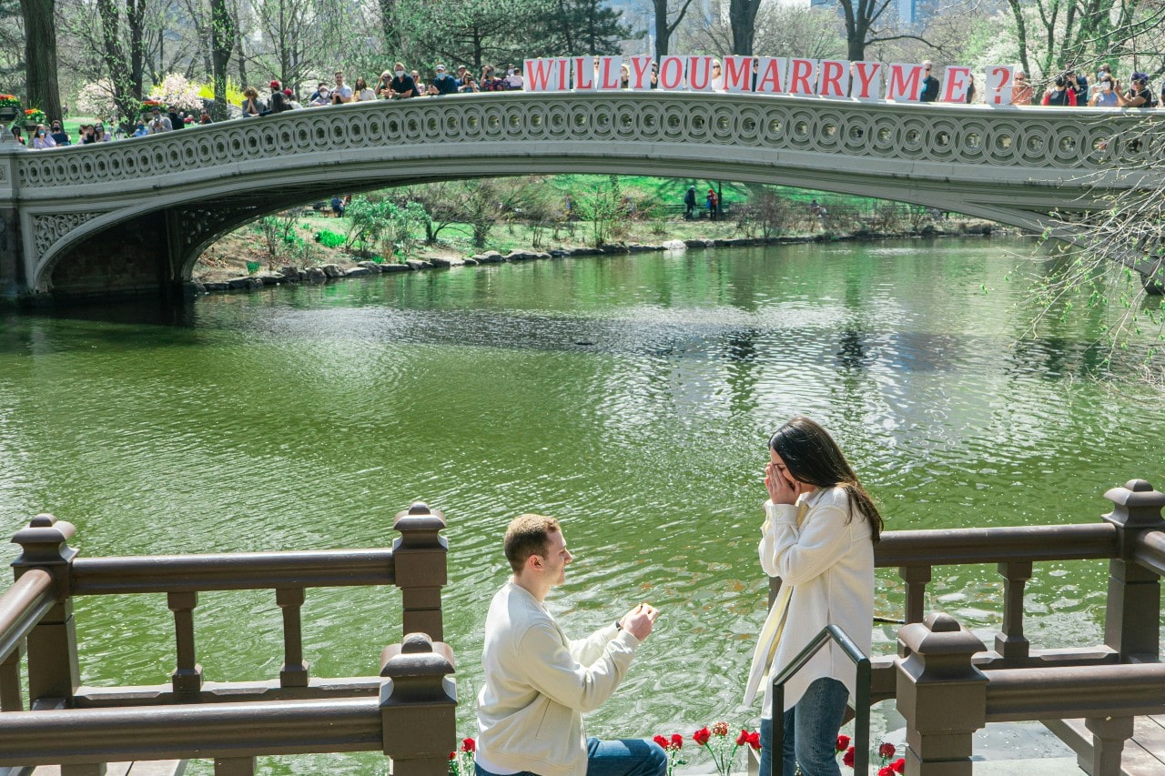 A man kneels to propose to a woman by a lake in a park, and she covers her face in surprise as a red 'WILL YOU MARRY ME?' banner hangs on the bridge above.