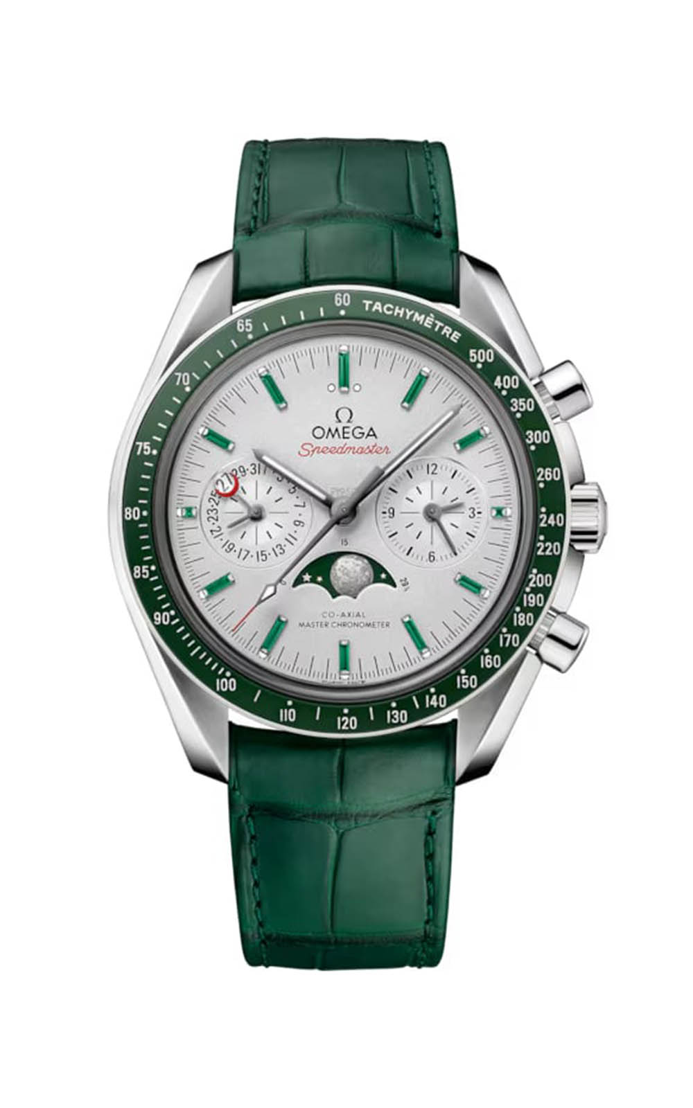 An Omega watch with green leather strap and grey dial with two subdials.