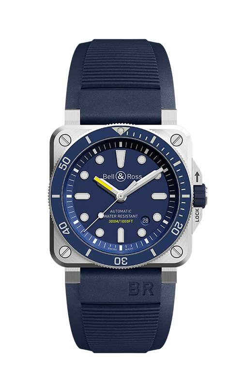 A Bell & Ross watch with deep blue dial with white indexes and matching deep blue rubber strap