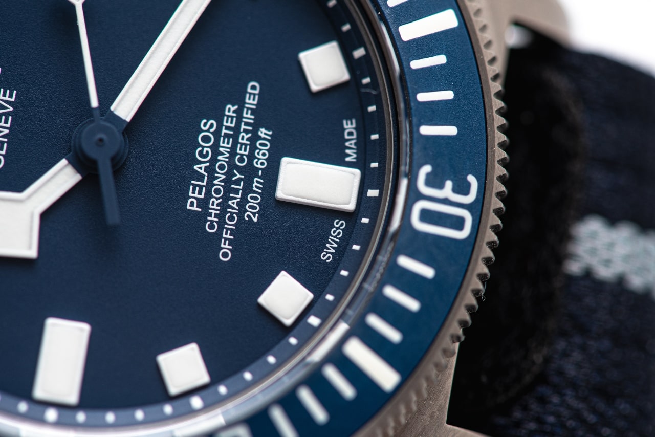 A close-up of a TUDOR Pelagos bluewatch dial.