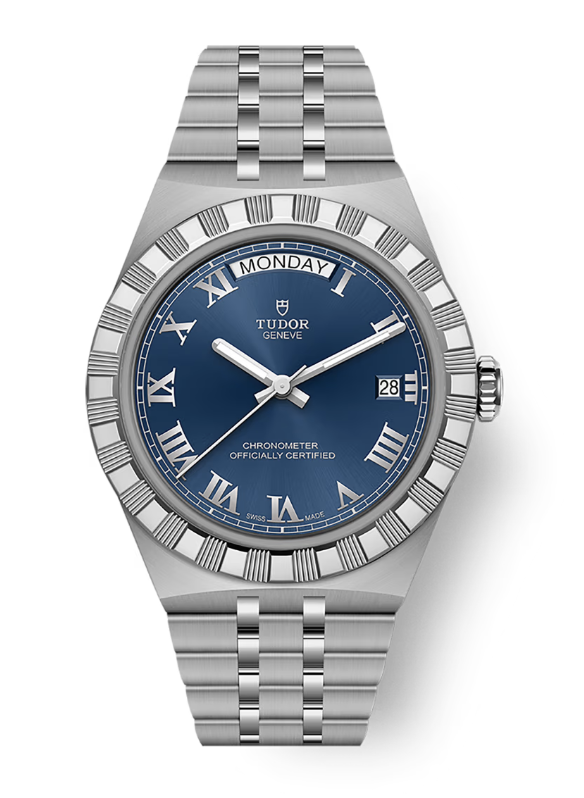 A TUDOR watch with deep blue dial, roman numerals, date complication, and metallic bracelet