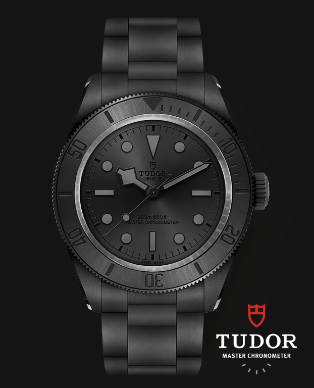 A black TUDOR watch with ceramic bracelet.