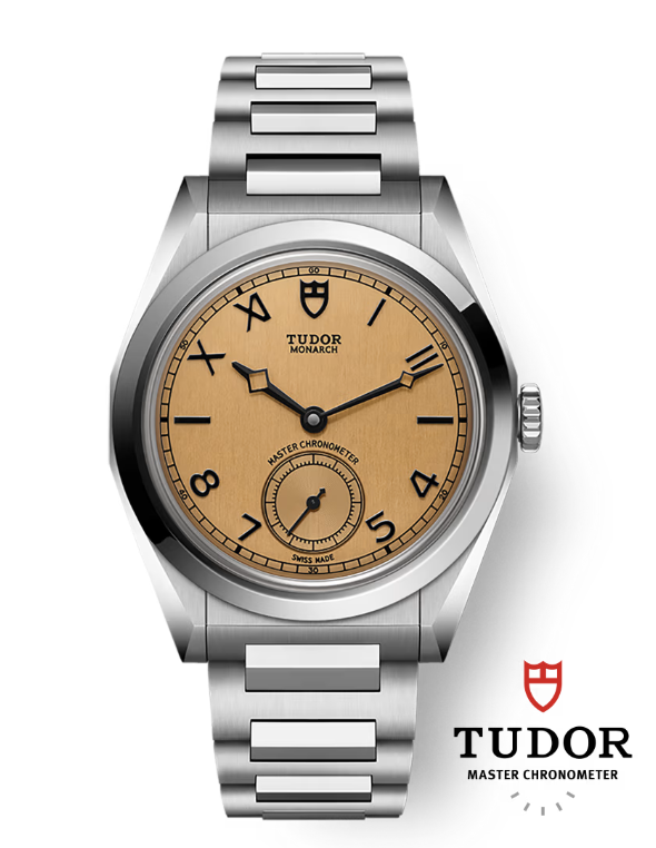 A TUDOR wristwatch with champagne dial, mix of arab and roman numerals, and metallic bracelet.