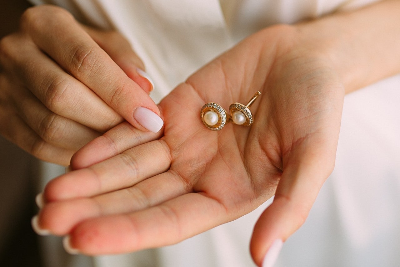 A close-up of a woman’s hand holding a pair of pearl stud earrings with a diamond halo; her nails beautifully manicured.